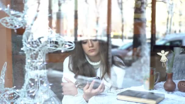 Hermosa Chica Trabajando Detrás Del Teléfono Café Través Ventana — Vídeos de Stock