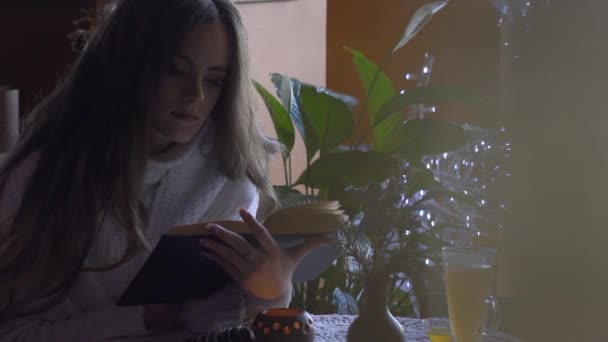 Дівчина Читає Книгу Кафе Посміхається Камеру Стаціонарний Знімок Камери — стокове відео