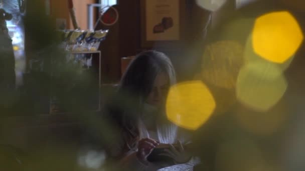 Ελκυστικό Κορίτσι Κάθεται Στο Cafe Διαβάζοντας Βιβλίο — Αρχείο Βίντεο