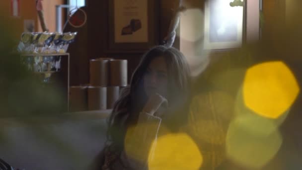 Молодая Девушка Читает Книгу Кафе — стоковое видео