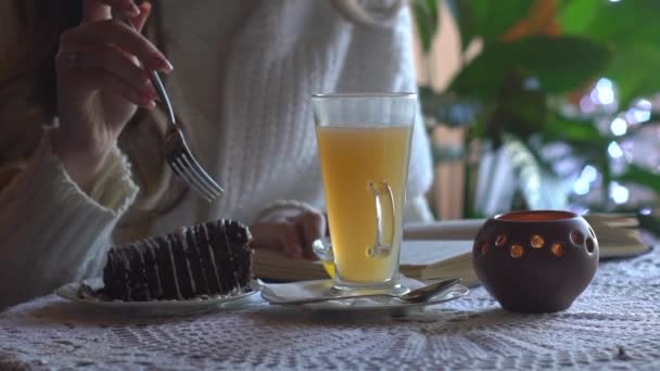 Joven Mujer Leyendo Libro Bebiendo Café Sentado Café — Vídeo de stock