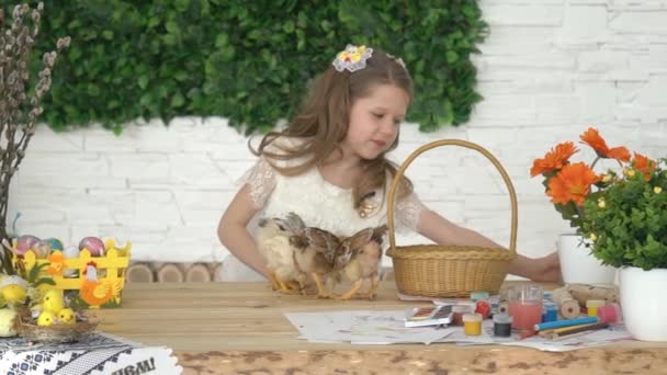 年轻漂亮的女孩 和新生小鸡在家玩 — 图库视频影像