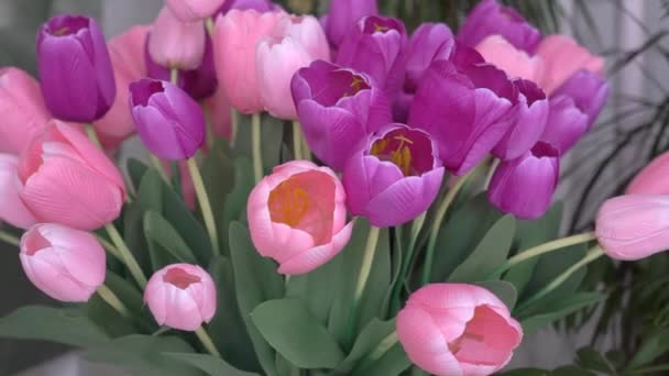 Panoramic Video Close Tulips Pink Terry Bouquet Green Leaves — Stock Video