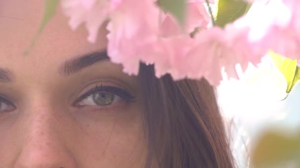 Retrato Una Joven Mujer Caucásica Pie Una Cereza Flor — Vídeo de stock