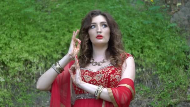 Indiska Modell Lyxig Sari Klä Parken — Stockvideo