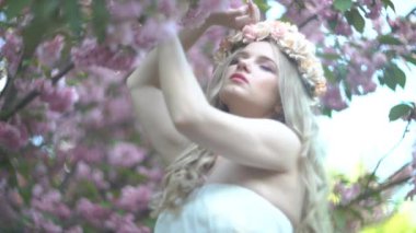 4k A Genç mutlu kadın sahip olan eğlence Içinde the Park sırasında Blooming Sakura Cherry 