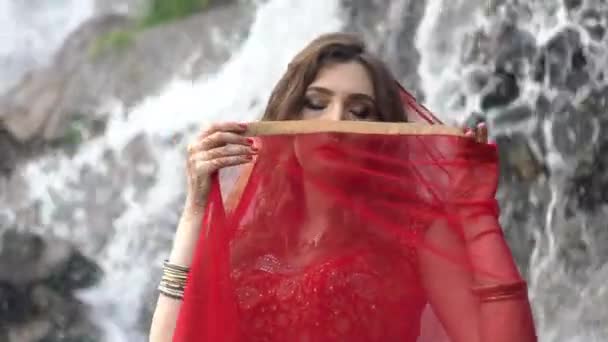 Indiaas Model Een Luxe Sari Jurk Het Park — Stockvideo