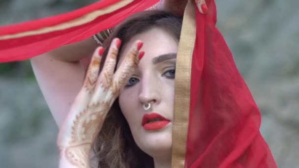 インドの伝統的な衣装 Mehendi 肖像画の女の子 — ストック動画