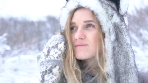 Portrait Happy Young Woman Winter Forest — Stock Video