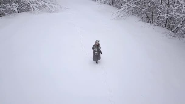 Fröhliches Mädchen Spaziert Durch Den Winterwald — Stockvideo