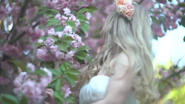 Retrato Lateral Atractiva Chica Tocando Tiernamente Floración — Vídeo de stock