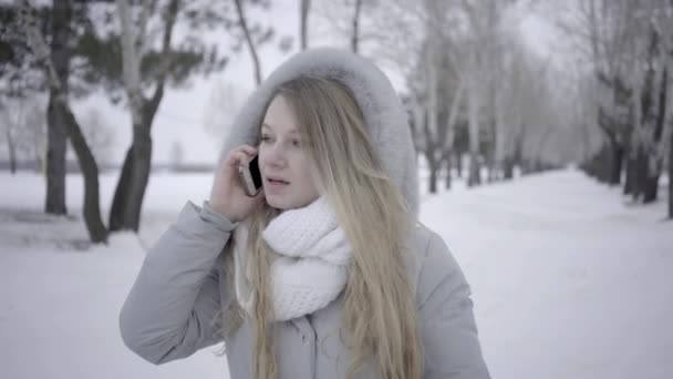 Jolie Femme Hiver Parler Téléphone — Video