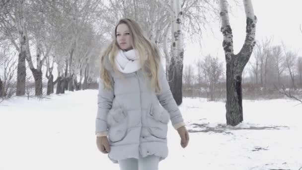 Menina Modelo Alegre Beleza Que Diverte Parque Inverno Menina Bonita — Vídeo de Stock