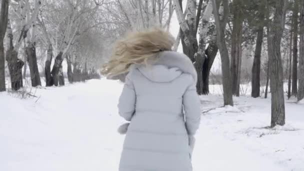 Mulher Feliz Correndo Floresta Inverno Parque — Vídeo de Stock