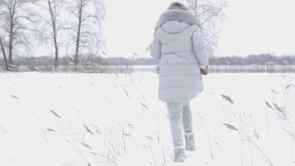 年轻女子享受冬日户外 快乐女孩在大雪下旋转 — 图库视频影像