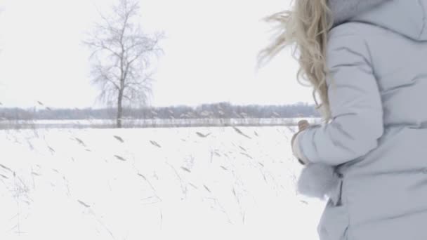 Jovem Mulher Desfrutando Dia Inverno Livre Menina Feliz Girando Sob — Vídeo de Stock