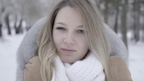 Menina Sorridente Bonita Inverno Dia Ensolarado — Vídeo de Stock