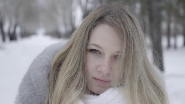 Красивая Девушка Гуляет Зимнему Лесу Снегопады — стоковое видео