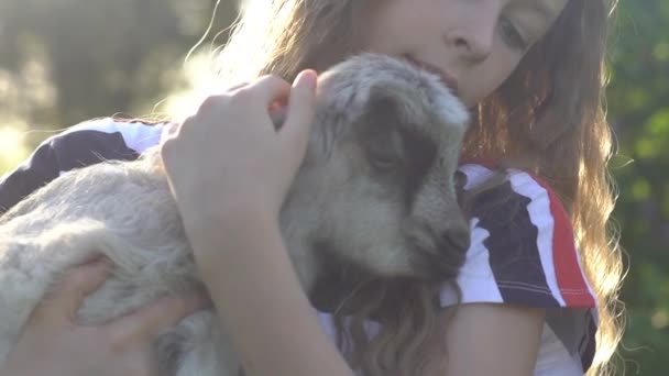 Schattig Meisje Met Geiten — Stockvideo