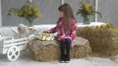 Kız bir keçi okşayarak