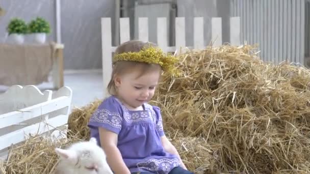 Glimlachende Liefdevolle Meisje Spelen Met Kleine Kid Geit — Stockvideo