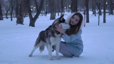 Köpek doğurmak husky ile güzel kız gün kış Park vardır..