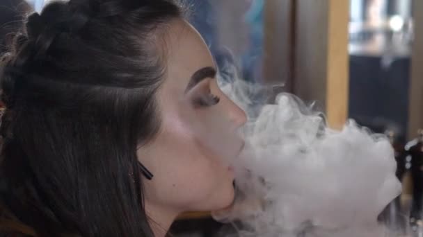 Young Woman Portrait Smoking Hookah Bar Breath Out Smoke Slow — Stock Video