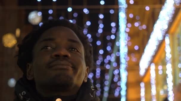 African American Young Man Happy Tourist Walk City — Videoclip de stoc