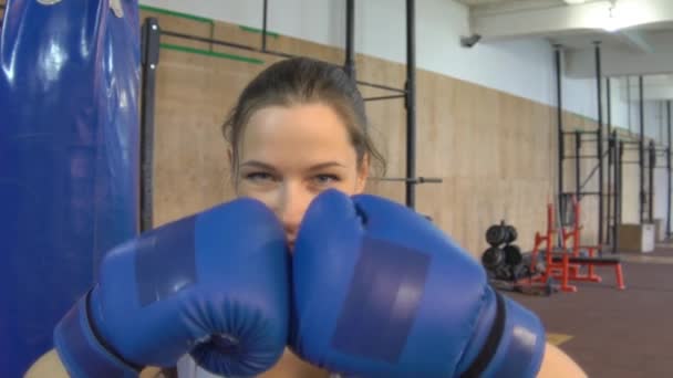 Slow Motion Sexy Girl Punching Gloves Together Closeup — Stock Video