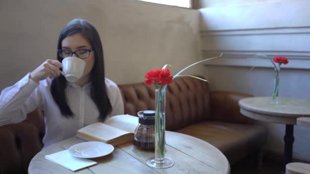 Meisje Ontspannen Het Cafe Tijdens Het Lezen Van Interessante Boek — Stockvideo