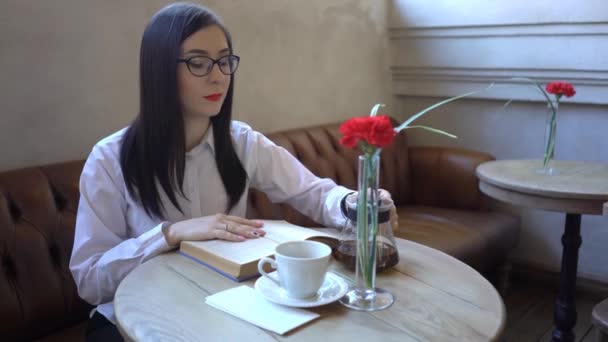 Flicka Avkopplande Caféet Medan Läser Intressant Bok — Stockvideo