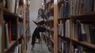 4k Güzel, Kıdemli Kadın Kütüphane Merdiveni On Kitap Okuyun