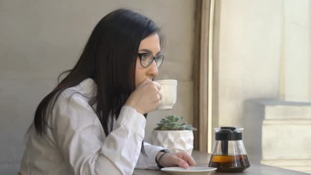 Aantrekkelijk Meisje Geniet Van Kopje Thee Terwijl Door Het Cafe — Stockvideo