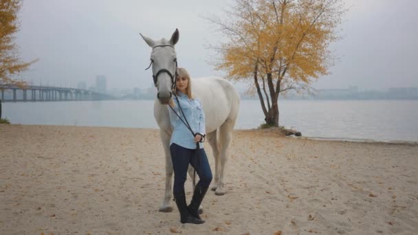 Girl Hugging Her Hors — Stock Video