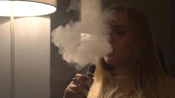 Slow Motion Pretty Woman Smokes Electronic Cigarette Makes Smoke Clouds — Stock Video