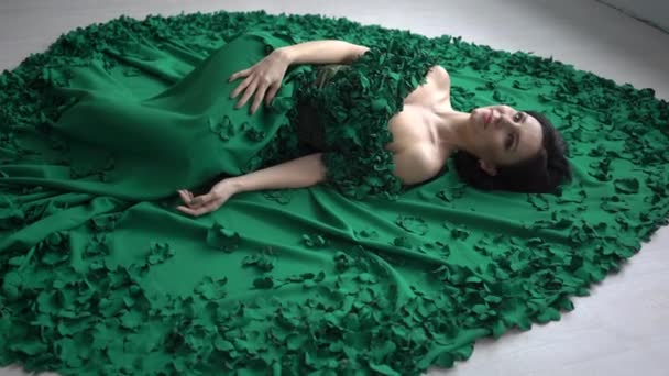 Young Girl Beautiful Green Dress Posing Girl Posing — Stock Video