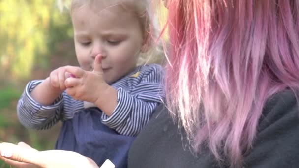 秋の公園で彼女の赤ちゃんとスローモーション若い母親 — ストック動画