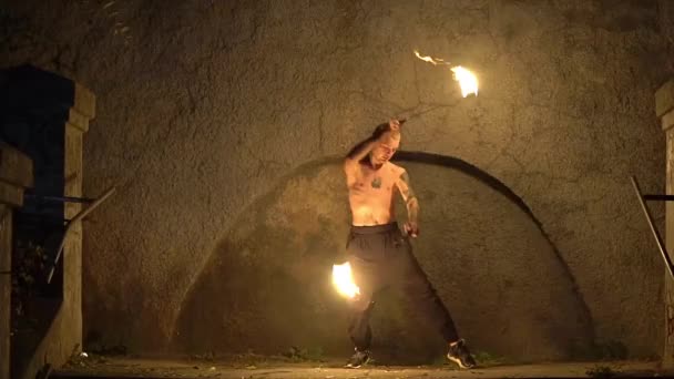 Slow Motion Fire Performer Spinning Poi Yourself Night — 비디오