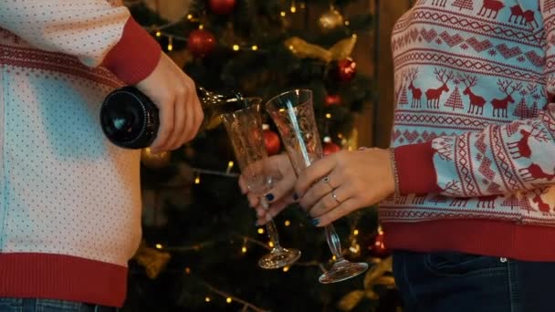 Real Tid Hälla Champagne Till Glasögon För Att Rosta Julen — Stockvideo