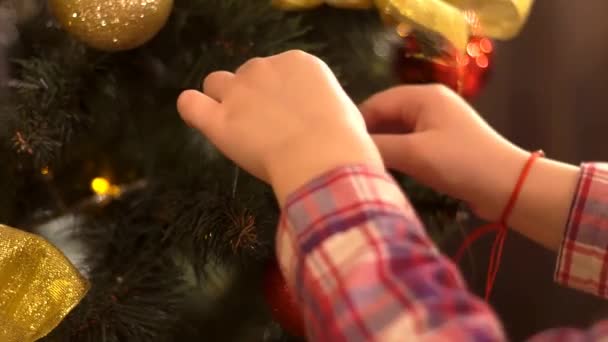Крупный План Детского Декоративного Игрушечного Мяча Ветке Рождественской Елки — стоковое видео