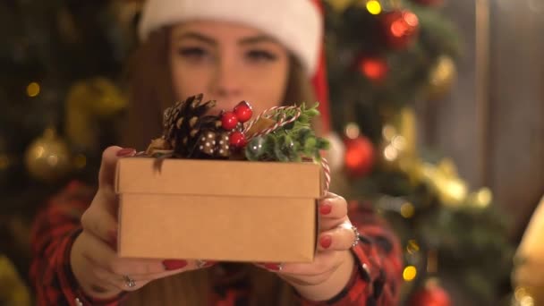 彼女の手にクリスマスプレゼントを示す女性 女性の手 — ストック動画
