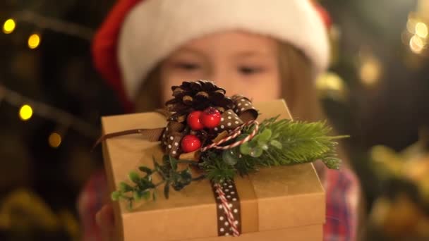 Rapariga Presente Caixa Presentes Parabéns Feliz Ano Novo Feliz Natal — Vídeo de Stock