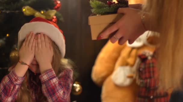 Mother Hand Giving Gift Box Her Child Holidays Present Christmas — Stock Video
