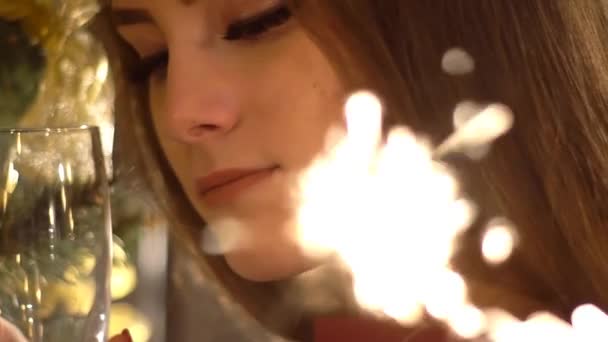 Hermosa Chica Bebiendo Champán Sonriendo Pie Cerca Navidad — Vídeos de Stock