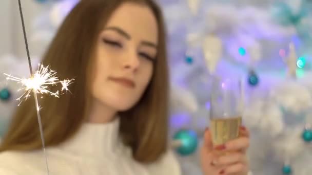 お祝いと休日のコンセプト スパークラーとグラスを持つ素敵な女性 — ストック動画