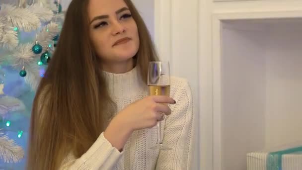 セクシーな女の子のクリスマス ツリーの近くのシャンパンを飲む — ストック動画