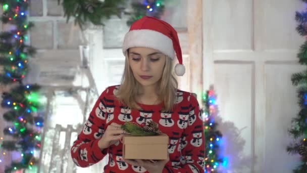 Portret Kobiety Santa Hat Otwiera Pudełko Prezentów Choinka Jest Włączona — Wideo stockowe