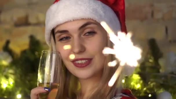 Schöne Frau Mit Weihnachtsmütze Und Champagnerglas — Stockvideo