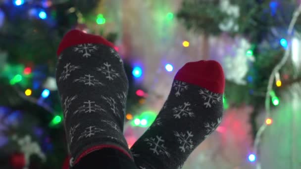 Pernas Femininas Meias Natal Sob Cobertor Pele — Vídeo de Stock