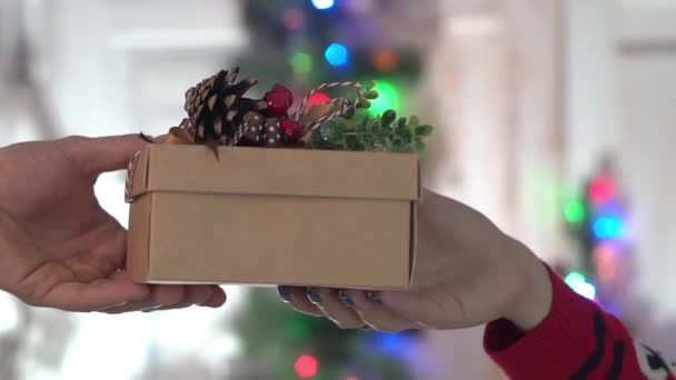 Close Man Manter Presente Natal Com Sua Namorada Humor Natal — Vídeo de Stock